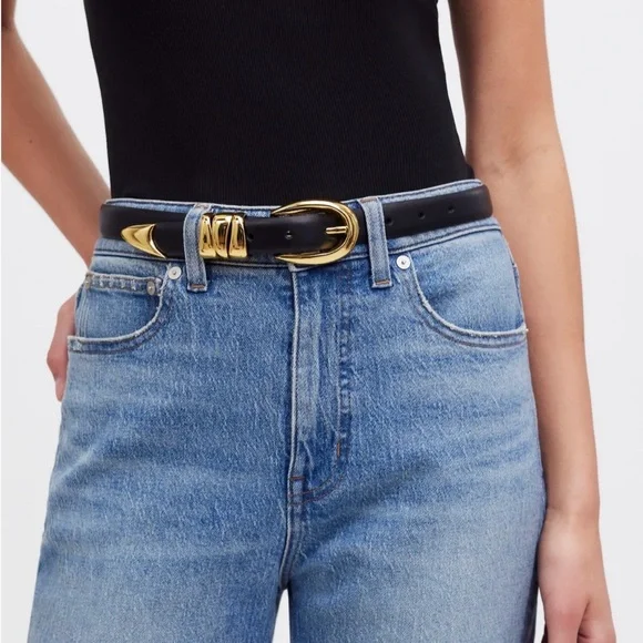 NWOT MADEWELL Women’s Triple Metal Keeper Belt True Black Gold Leather Size XL - Picture 1 of 16